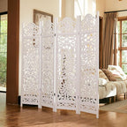 5.75Ft Room Divider Wood Screen, 33Lbs Durable MDF Carved Rustic Style Headboard, Reversible Freestanding Folding Partition Paravent for Home, 69 * 71 inch(H*W) - 4 Panels (Rustic White)