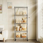Metal Storage Shelves 5 Tier with Wheels, 1100 LBS Adjustable Wire Shelving Rack Shelves Units with Side Handle for Hanging, Rolling Shelf Organizer for Kitchen Garage, 11.8" W x 23.6" D x 61"H,Silver