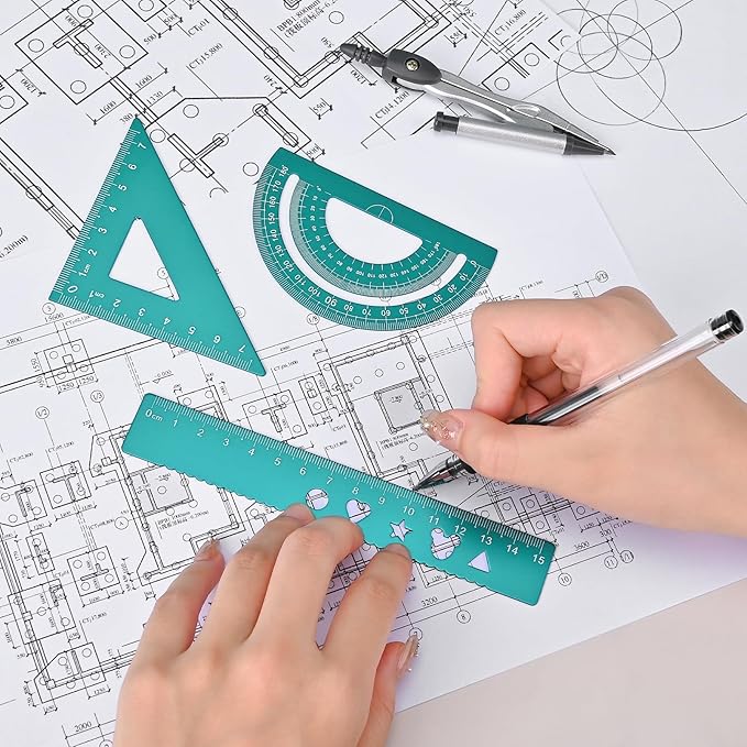 6 Pcs Metal Geometry Set, Math Geometry Kit, Metal Ruler Set and Compass Geometry Tool, Rulers Protractor and Compass Set for Student School and Drawings Supplies (Green)