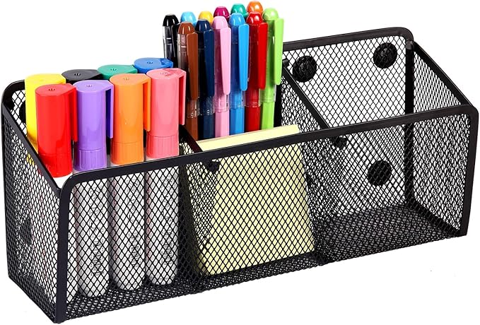 Ameceres Magnetic Pencil Holder - Extra Strong Magnets Mesh Marker Holder Perfect for Whiteboard, Refrigerator and Locker Accessories (3 Baskets, 1 Pack Black)