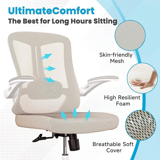 Mesh Office Computer Desk Managerial Executive Chair, Ergonomic High Back Comfy Swivel Gaming Home Chairs with Wheels, Comfortable Lumbar Support, Comfy Arms for Study,Home,Bedroom（Khaki）