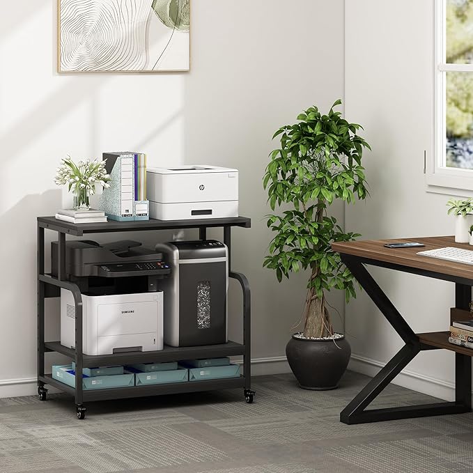 Fannova 32.3" x 18.9" Extra Large Printer Stand Table with Adjustable Storage Shelf, 3 Tier Rolling Printer Cart with Industrial Wheels for Home Office, Black