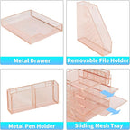 Gugsey Desk Organizer, 5-Tier Paper Letter Tray Organizer with File Holder, Drawer and Pen Holder, Desktop Organizer for Office Supplies, Rose Gold