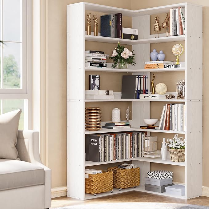 IRONCK Bookshelves 6 Tiers with Baffles Industrial Large Corner Etagere Bookcase Storage Display Rack for Living Room Home Office