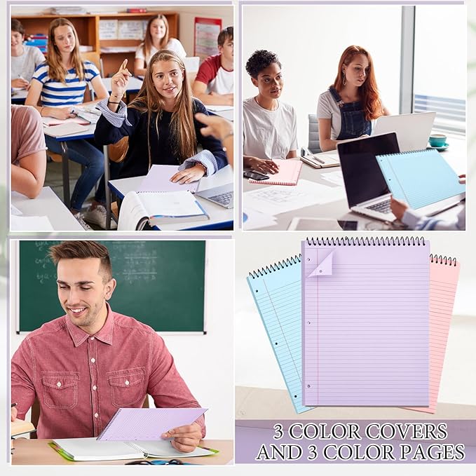 10 Packs 8.5" x 11" Top Spiral Notebook with 3 Hole Punched Legal Pads College Ruled Notepad 50 Sheets Hard Cardboard Paper Wirebound Notepad for Office School Business (Pink,Blue,Purple)