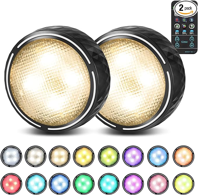 Battery Operated Puck Lights with Remote LED Under Cabinet Lighting Wireless Stick on Lights Color Changing Timer Tap Lights for Cabinets Shelves Closets Display Case - 2Pack Black
