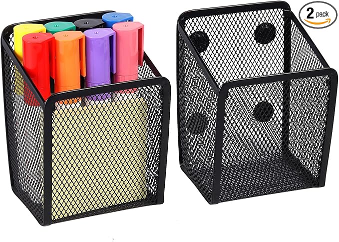 Ameceres Magnetic Pencil Holder - Extra Strong Magnets Mesh Marker Holder Perfect for Whiteboard, Refrigerator and Locker Accessories (1 Basket, 2 Packs Black)