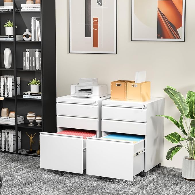 INTERGREAT 3 Drawer Filing Cabinet with Lock, White Mobile File Cabinet with Wheels, Rolling Small Metal Cabinets Under Desk for Home Office, Assembled