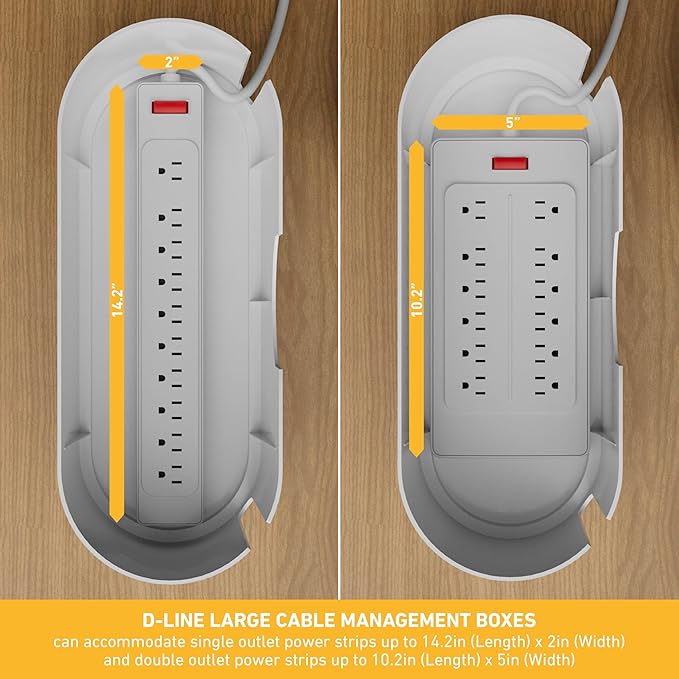 D-Line Cable Management Box, Power Strip Holder, Floor Outlet Hiders, Desk Cord Organizer, Cover TV Wires, Wire Storage, Extension Hider, Office Concealer for Cords - Large, Wood-Effect Lid