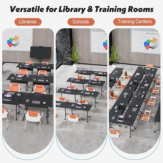 Goakwwuz Conference Room Table, Folding Conference Tables,Thicken Grey Tabletop,Flip Top Wooden Seminar Meeting Room Table for Conference Room Offices (8, BlackWoodGrain, 70.8”)