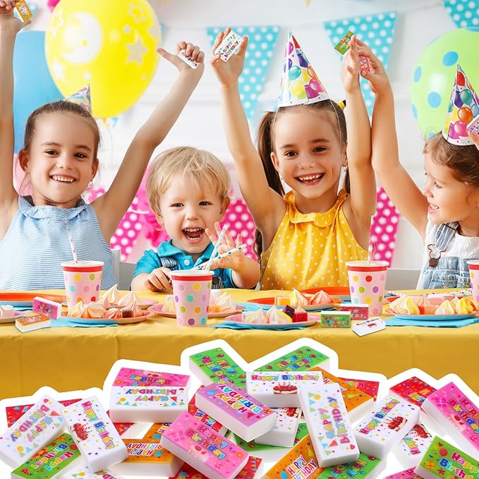 100 Pcs Happy Birthday Erasers Bulk Mini Erasers for Classroom Fun Assortment Birthday Gifts for Back to School Teacher Reward Party Supplies, 8 Styles, 1.6 Inch