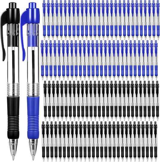 Fainne 200 Pack Retractable Ballpoint Pen 1.0 mm Medium Point Refillable Smooth Click Writing Pens With Grip for Work Journal Writing Office School Supplies(Black Ink, Blue Ink)