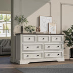 VVFLU Farmhouse 7 Drawer Dresser for Bedroom, 54" Wide Wooden Dresser with Natural Texture & Vintage Metal Knobs, Large Chest of Drawers for Bedroom, Living Room, Hallway, Antique White