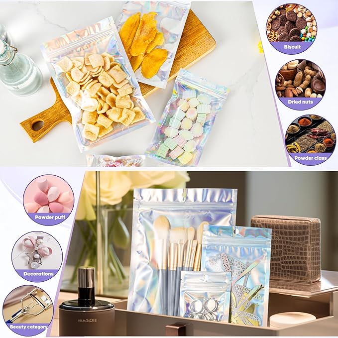 5.5x7.8 inch Holographic Packaging Bags, Resealable Foil Pouch Mylar Sample Bag Great for Small Business and Party Favor Food Storage（50 Pcs-5.5x7.8 in）Holographic Color