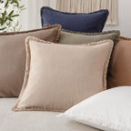 Foindtower Set of 2 Decorative Linen Fringe Throw Pillow Covers Boho Farmhouse Cushion Cover with Tassels Accent Pillowcase for Couch Chair Sofa Bed Living Room Home Decor,16×16 Inch,Tan Beige