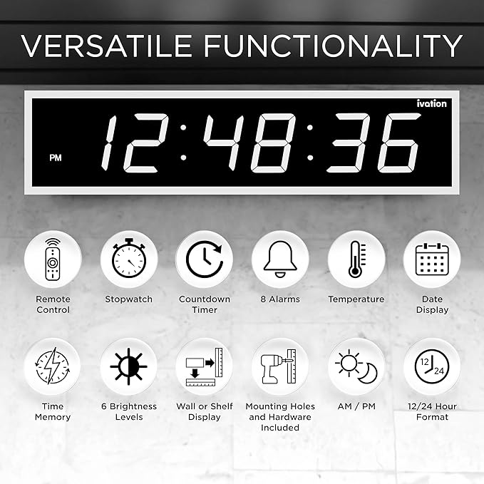 Ivation Huge Oversized 48" Large Digital LED Clock | Big Digital Clock w/Multi-Function Display – Stopwatch, Timer, Alarms, Temp & Date | 6 Brightness Levels, Time Memory & Remote (White)