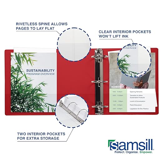 Samsill 1.5 Inch 3 Ring Binders, Made in USA, Economy Round Ring, Clear View Cover, 325 Sheet Capacity - for School, Home, Office - Red, 4 Pack