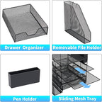 Gugsey Desk Organizer, 5-Tier Paper Letter Tray Organizer with File Holder, Drawer and Pen Holder, Desktop Organizer for Office Supplies, Black