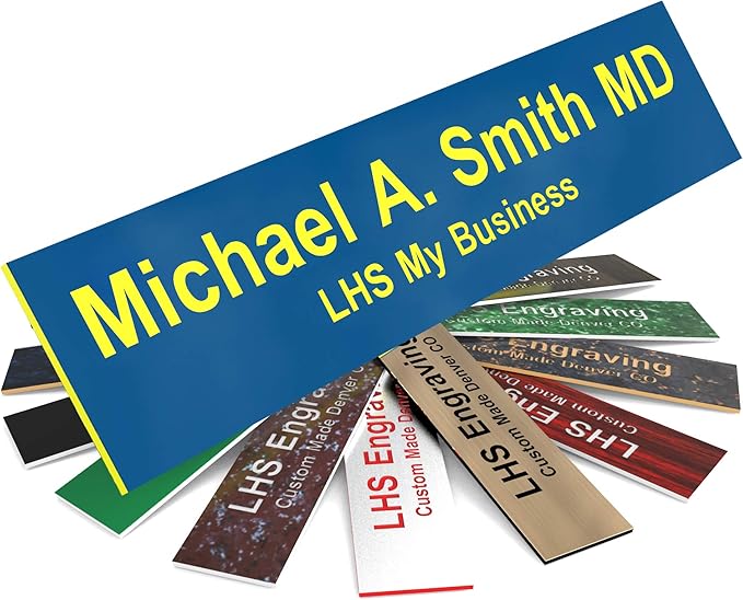 Engraved Door Signs for Office Personalized Blue Plastic Door Plaque with Yellow Letters - Made in USA 2x4 B20
