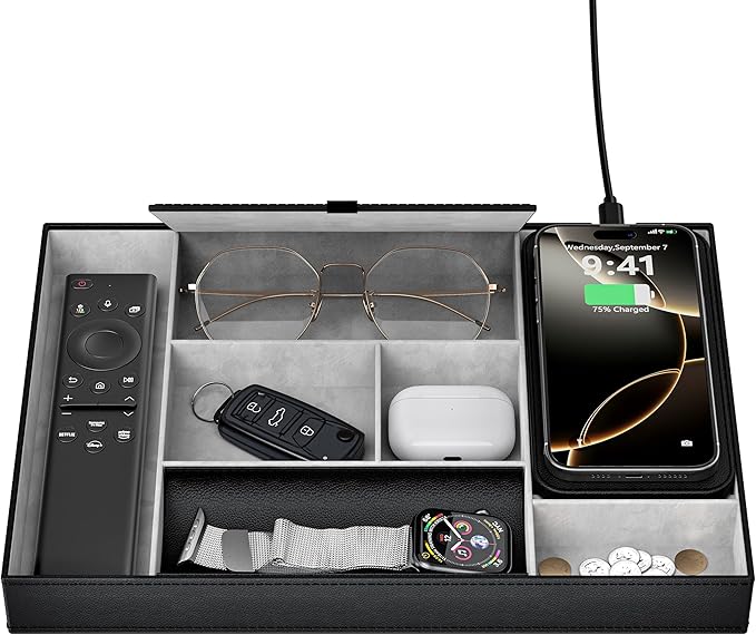 Valet Tray with Wireless Charger, Nightstand Organizer, Leather Desk Drawer Organizer Tray with 7 Compartments for Jewelries, Watch, Key, Wallet, Phone, Black