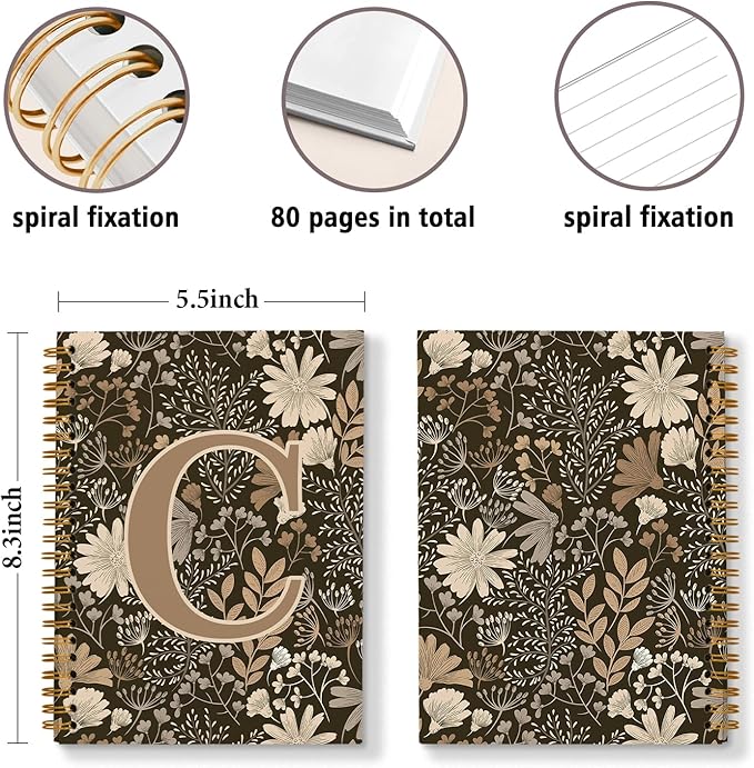 Initial C Personalized Journal Notebook, Boho Floral Journaling Notebooks for Women Girls, Costom Monogrammed Gifts for Women Mom Girls Friends, Letter Spiral Notebook, 5.5x8.3