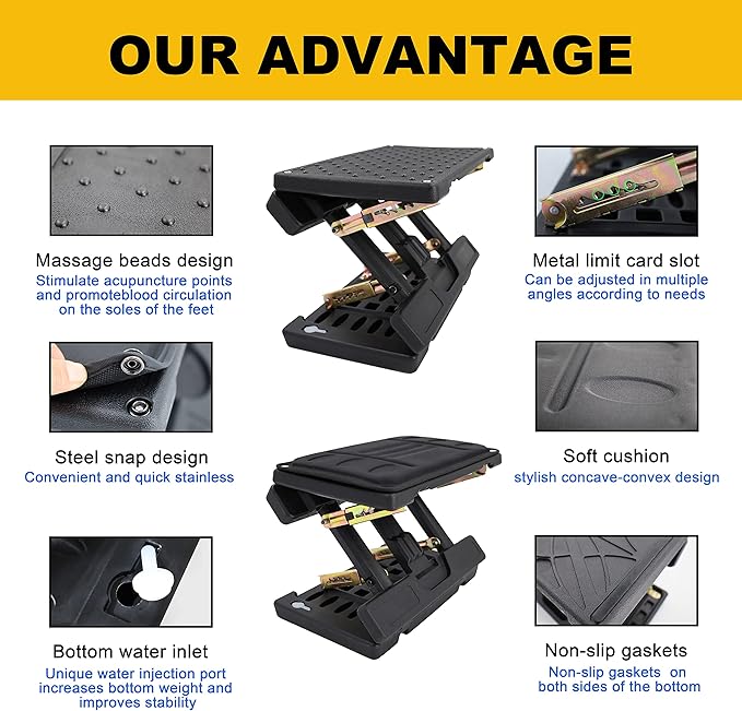 Adjustable Foot Rest Under Desk - Ergonomic Office Foot Stool with Massage, Leg Rest for Desk, Anti-Slip Design for Home & Work, Improves Posture (PB-Black)