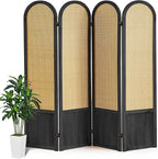 Asnefeli Room Divider 4 Panels, Folding Privacy Screen, Foldable Wood Rattan Room Divider Panel, Portable Partition Screen, Wall Divider for Room Separation Bedroom Home Office Garden Terrace (Black)
