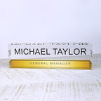 Artblox Personalized Office Desk Name Plate with Business Card Holder | Clear Acrylic Glass with Teak Wood Stand | Gold Stripe Design Customized with Your Name and Credentials Office Desk Décor