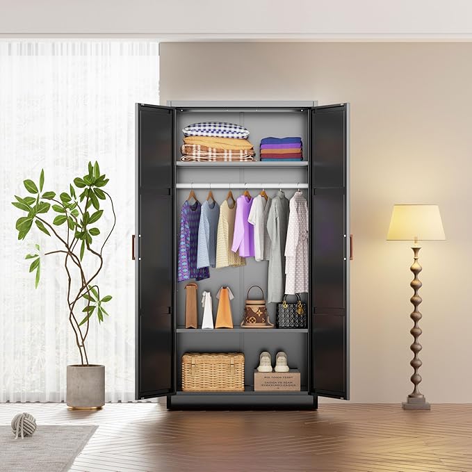 INTERGREAT Metal Storage Cabinet with Hanging Rail, Black Armoire Wardrobe Closet with 2 Doors,72" H Storage Closet Cabinets with Adjustable Shelves and Removable Hanging Rods