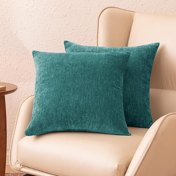 Amazon Basics Chenille Throw Pillow Covers, Home Decor Cushion Cover for Bedroom Living Room Couch Bed, 22" W × 22" L, Deep Teal