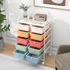 HAPPYGRILL 10-Drawer Rolling Storage Cart, Storage Organizer Cart with Lockable Wheels, Beauty Salon Movable Utility Cart for School, Office, Home, (Macaroon Colorful)