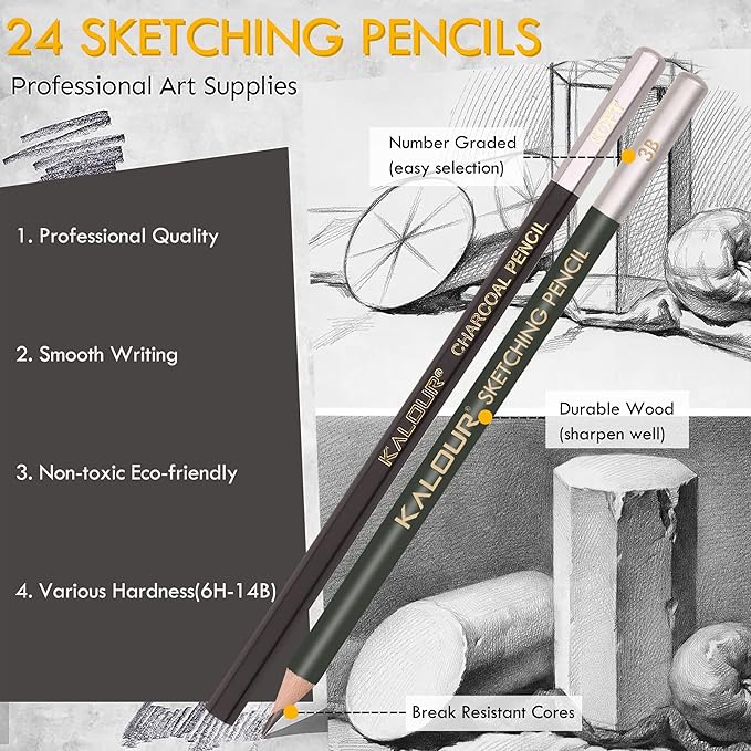 KALOUR 72-Pack Sketch Drawing Pencils Kit with Sketchbook and 3-color Drawing Paper,Tin Box,Include Graphite,Charcoal,Drawing Glove and Artists Tools,Pro Art Drawing Supplies for Adults Beginner