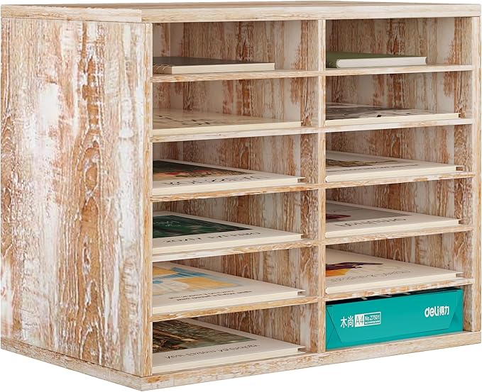 PAG Countertop Mail Sorter Organizer, Wooden Literature Organizer, Student Mailbox for Classroom, Desktop Bill Organizer for Office Home School, 12 Compartments, Retro White