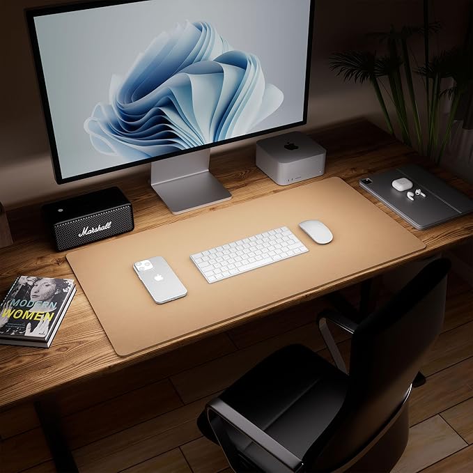 Aothia Dual-Sided Desk Mat - Leather & Cork Desk Protector, Large Mouse Pad & Writing Pad for Office/Home, Waterproof, Apricot (35.4" x 15.7")