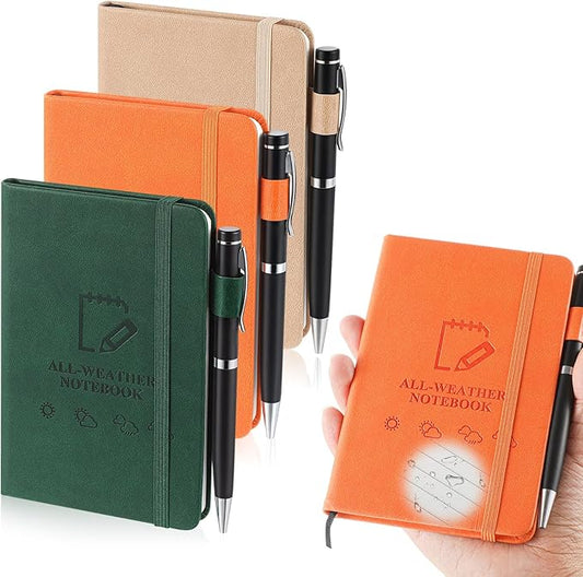 3 Packs Waterproof Notebook 4" x 6" Stone Paper Notebook All-weather Small Pocket Notepad A6 Steno Pads Rain Waterproof Notepad for Woodworker Outdoor Wild Hiking(Brown, Green, Orange)