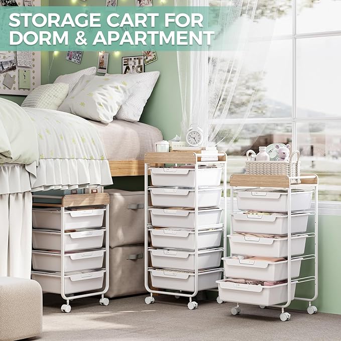 Rolling Storage Utility Cart With 5 Drawers,Craft Cart with Wheels,Makeup Organizer,Art Supply And Storage Wooden Tabletop,White