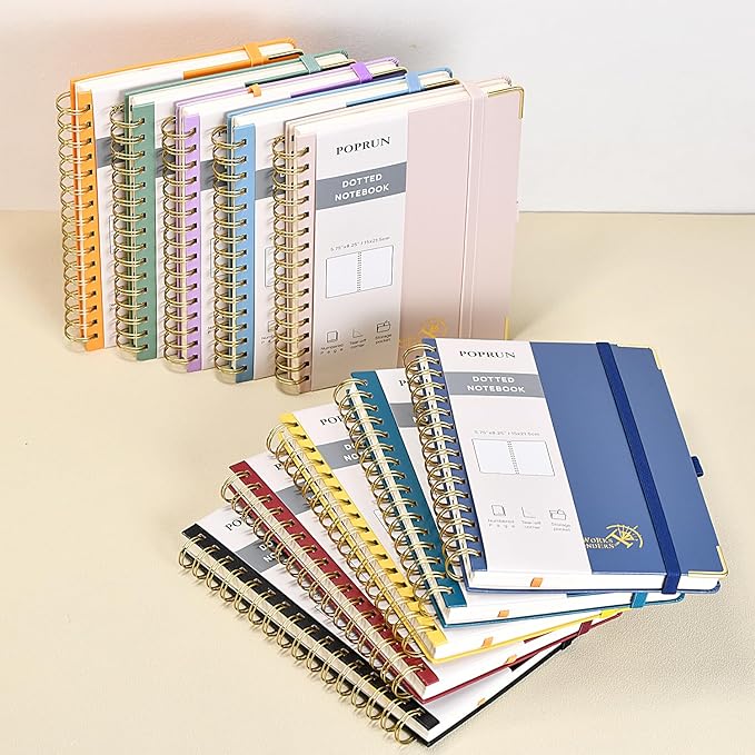 POPRUN Spiral Dotted Journal Notebook, [A5-5.75'' x 8.25''] - 120 GSM Thick Paper, 141 Numbered Pages, Hardcover for Men & Women with Pocket, Index Tabs, 8 Perforated Sheets, Navy Blue