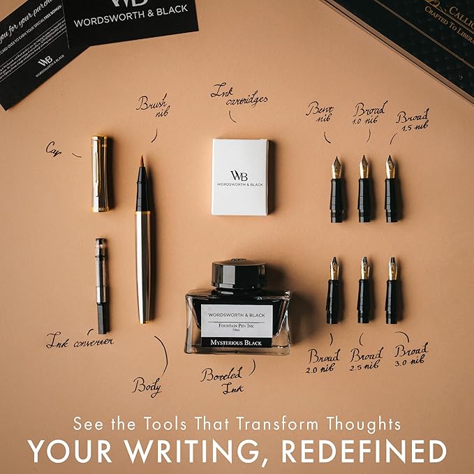 Wordsworth & Black Calligraphy Pen Gift Set, Includes Bottle, 6 Cartridges, Refill Converter, 6 Replacement Nibs, Premium Package, Journaling, Smooth Writing Pens [Silver Gold]
