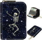 BWEGRHE Cute Credit Card Holder with Zipper, Dance Skull Skeleton RFID-Blocking Card Case Small Wallet for Women Men, Multi-slot Card Organizer Case Travel Accordion Wallet
