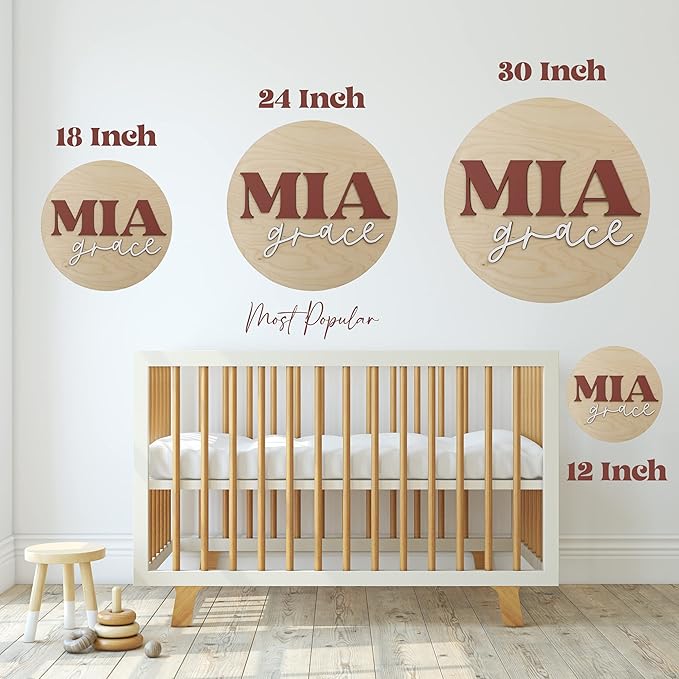 Custom Round Nursery Name Sign, Personalized Wooden Wall Plaque, 12" 18" 24", 30" 3D Wall Art for Children & Kids Rooms, Baby Shower, Hickory Hollow Designs (Mia Grace)