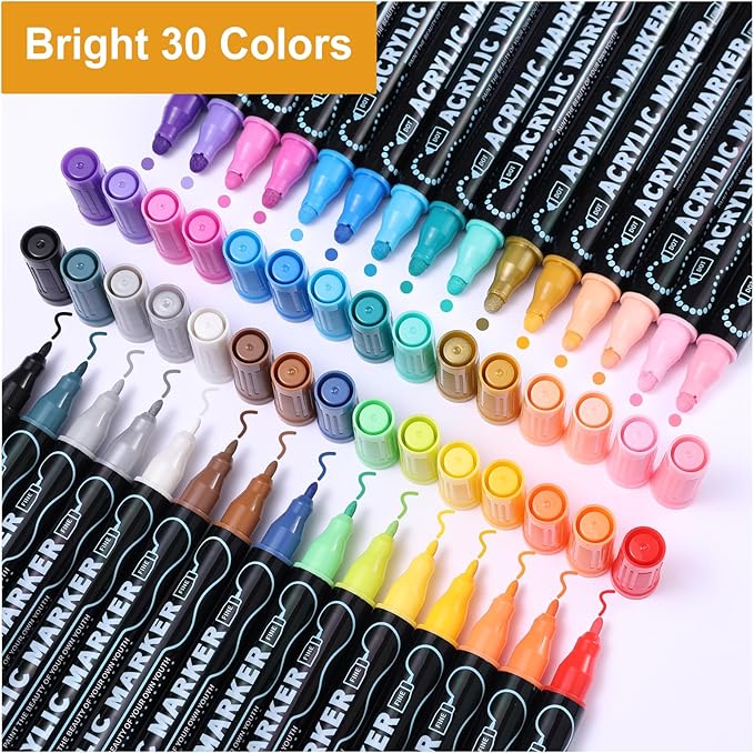 30 Colors Waterproof Dual Tip Acrylic Paint Pens, Dot & Fine Tip Premium Coloring Drawing Markers Set for Wood, Rock Painting, Canvas, Glass, Ceramic Surfaces and DIY Crafts Making Art Supplies
