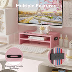 BONTEC Wooden Monitor Stand Riser, 2-Tier Desk Shelf with Storage Organizer, Ergonomic Computer Stand with Cable Management, Cellphone Holder, Pink, 16.5 Inch