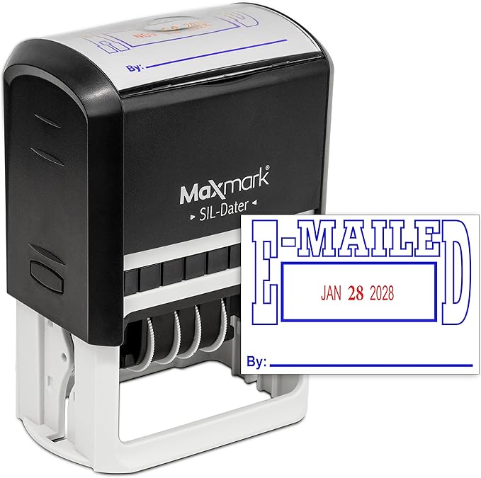 MaxMark Large Self-Inking Rubber Date Office Stamp with E-Mailed Phrase & Date - Blue/Red Ink, 12-Year Band - Style 5