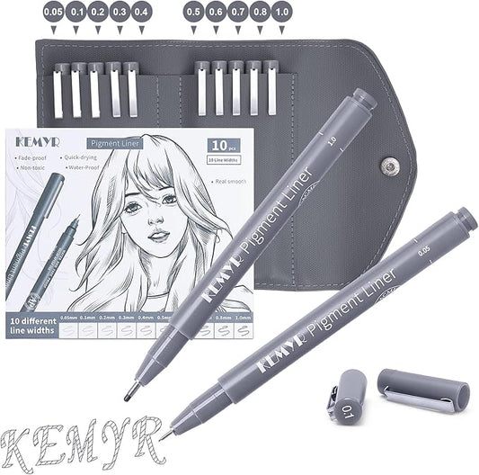 10 Micro Fine liner Drawing Art Pens Calligraphy Pens: 0.05mm-1.0mm Size Grey Art supplies Waterproof Archival Grey Ink Markers For Artists,Use for Professional Watercolor,Sketching