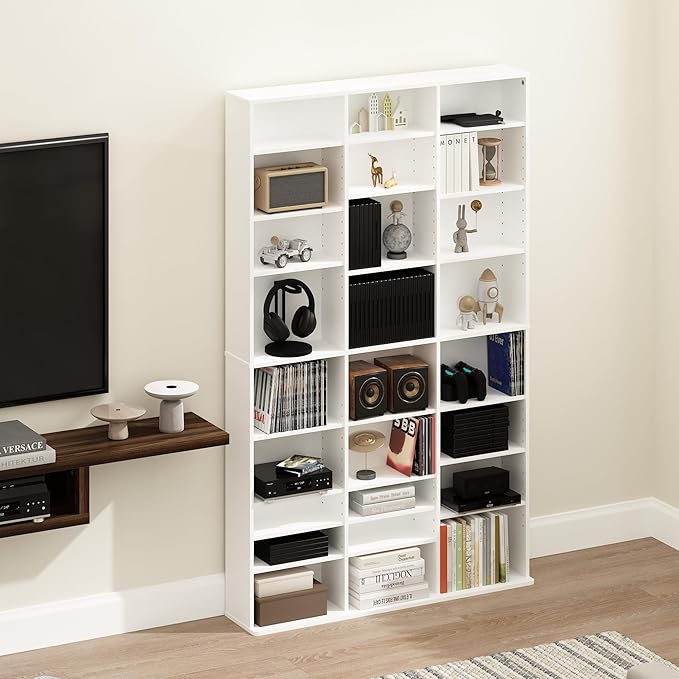 Furinno Jaya DVD Shelf, Wide 24-Shelf CD Rack, Media Shelf with Adjustable Shelves, Easy Assembly DVD Storage Cabinets for CD Blueray Game Disc, for Living Room, Home Office, Plain White