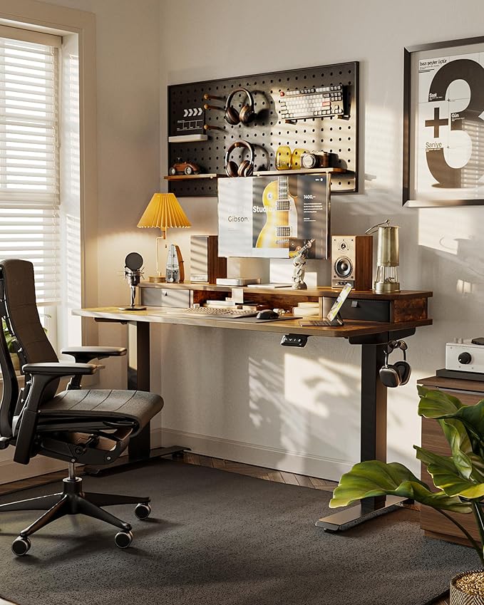 FEZIBO 55'' x 24'' Height Adjustable Electric Standing Desk with Double Drawer, Computer Workstation, Home Office Stand Up Table with 4 Height-Adjustable Feets & 2 Hooks, Vintage Brown
