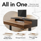 HUANUO Standing Desk with Drawers, 48 Inches Electric Height Adjustable Desk with Storage, Whole-Piece Board Sit Stand Up Desk with Monitor Shelf, Black Walnut