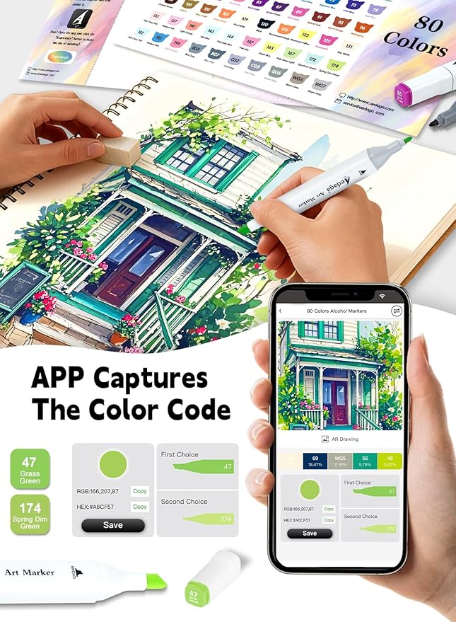 AEDAGA 200 Colors Alcohol Markers with Free App, Dual Tip Art Marker with Kickstand Case for Artists Adults. Alcohol Based Markers for Coloring Painting Sketching and Drawing, Great Gift