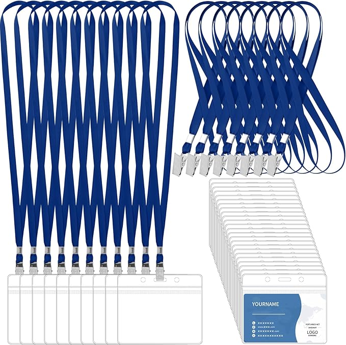 100 Pcs Lanyards for ID Badges and 100 Pcs Clear Name Tag Holders Reusable Lanyard with Clip Plastic ID Card Badge Holder Name Badges for Adults Kids Business School Office Supplies (Dark Blue)
