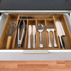 oridom Expandable Acacia Kitchen Drawer Organizer for Cutlery and Utensils, Adjustable Acacia Wood Cutlery Tray in Drawer for Flatware and Silverware in Kitchen